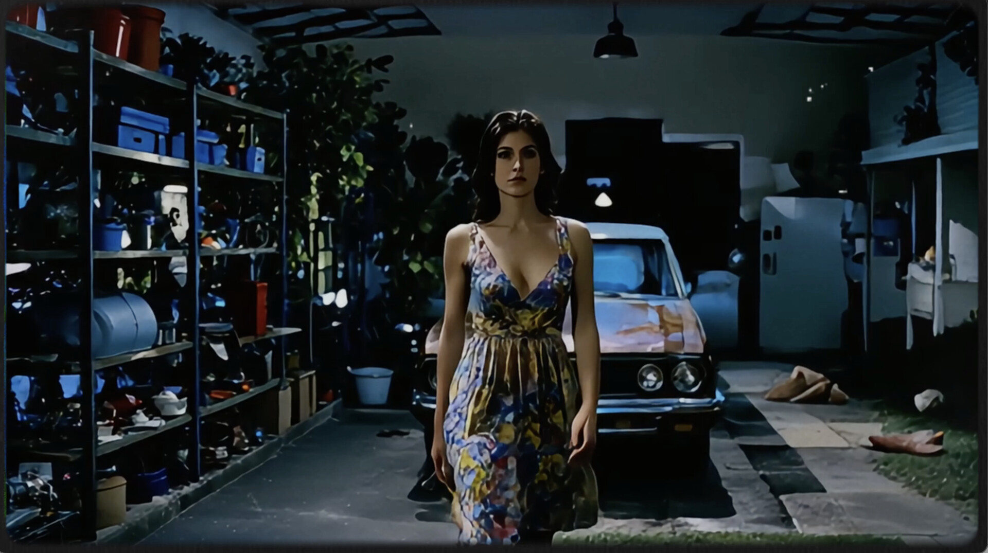 Una donna davanti a un’automobile in un garage suburbano — American Musical