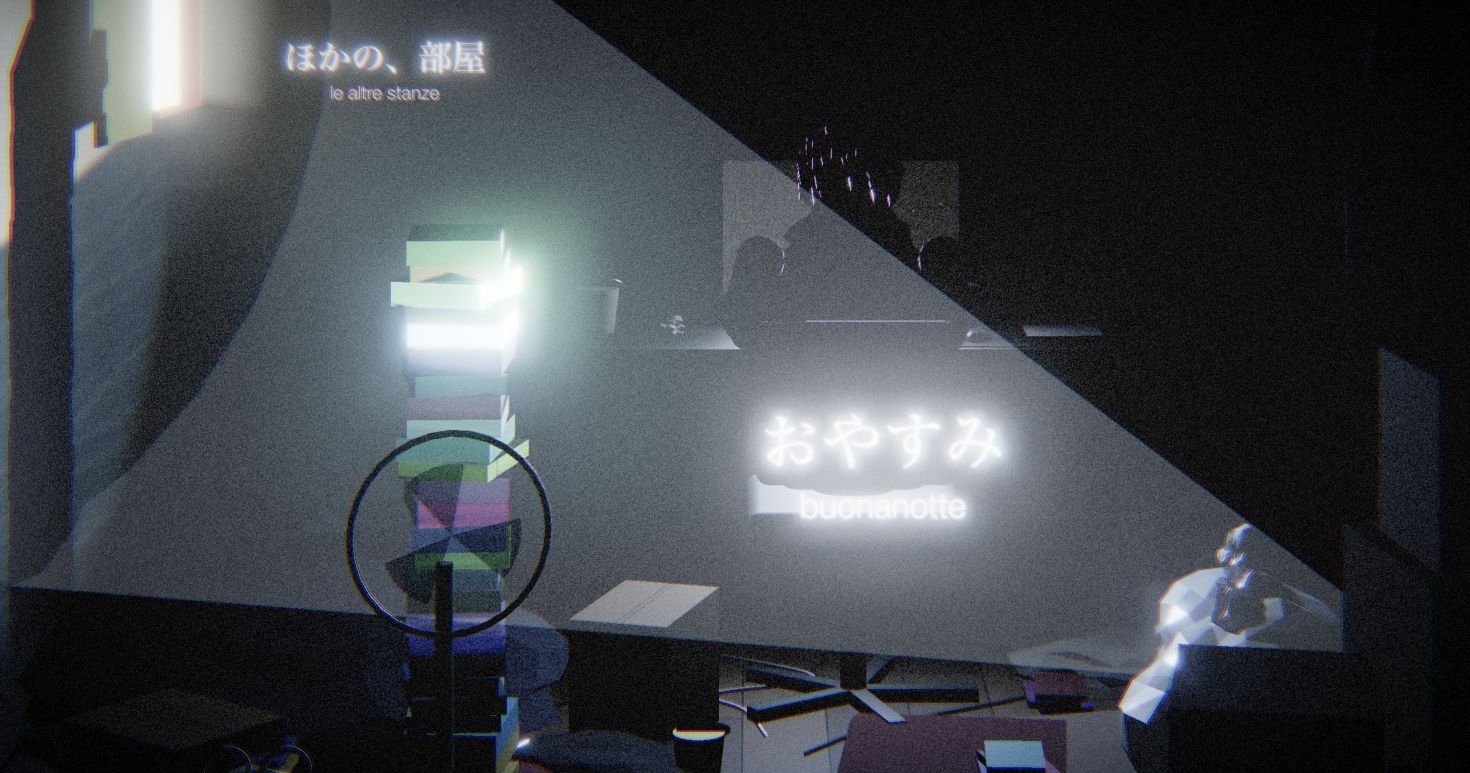 A dark room in Hikikomori crossed by a beam of light, with the boy in front of a screen