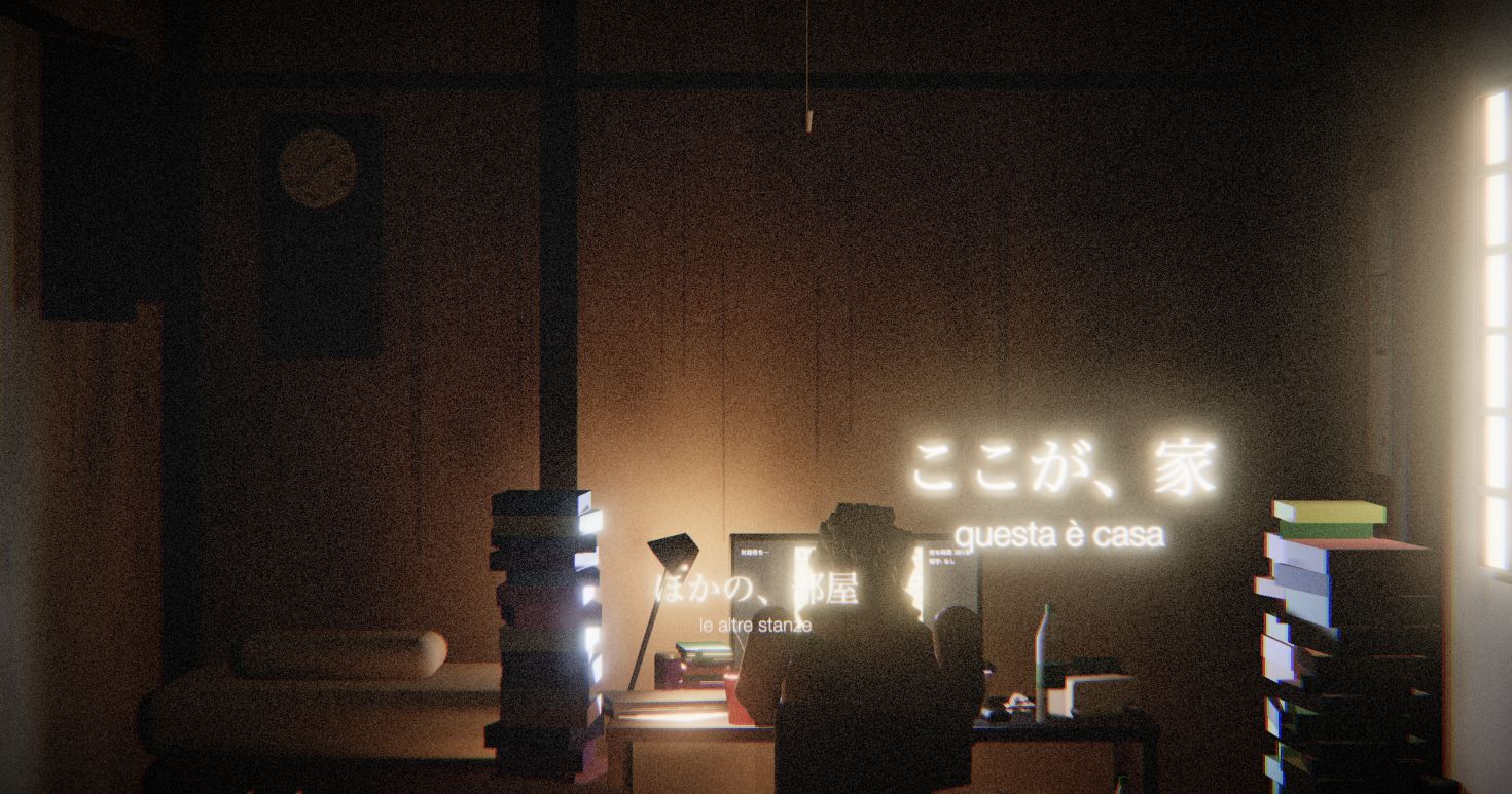 One of the rooms in Hikikomori, with the boy seated before the monitor and an illuminated window