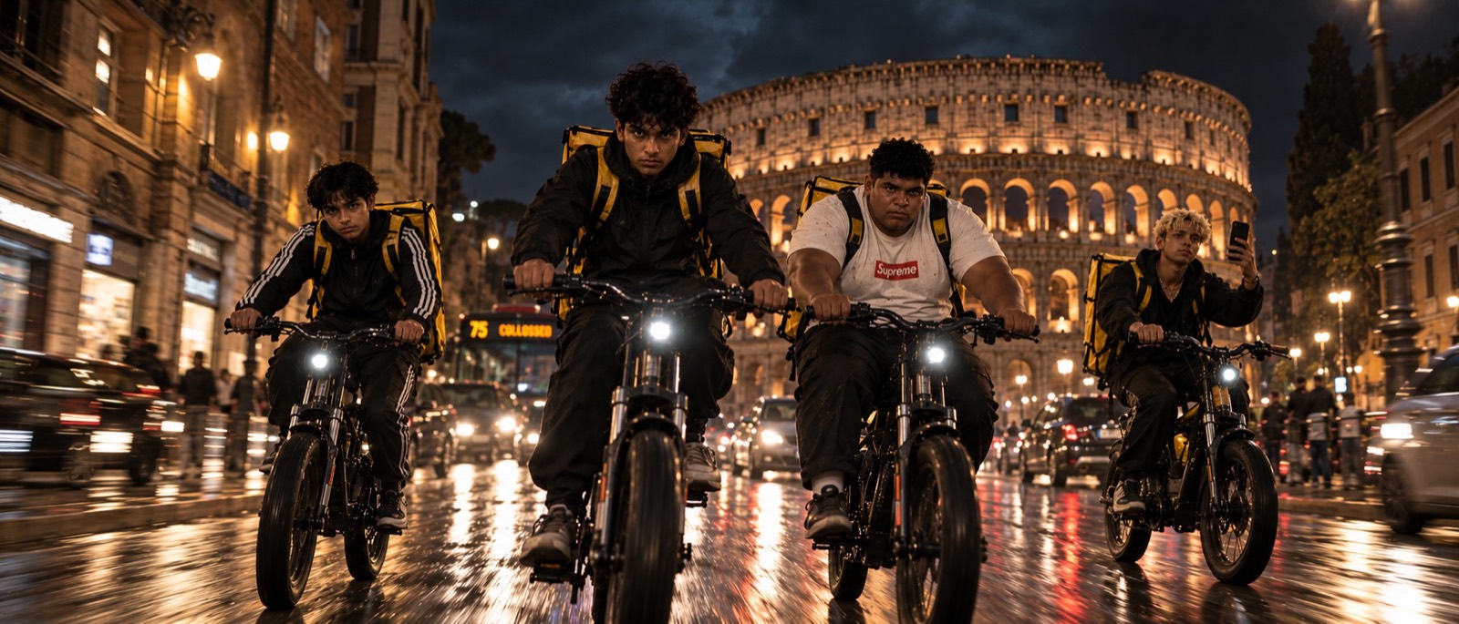 La Banda di Riders on the Storm in bicicletta davanti al Colosseo di notte